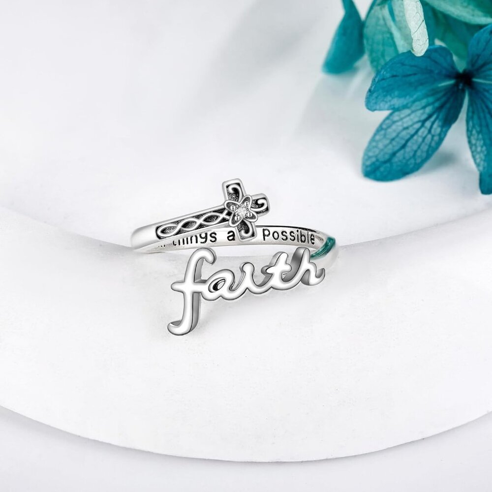 Silver 'Faith' Script Cross Stacking Ring - Picture 3 of 6